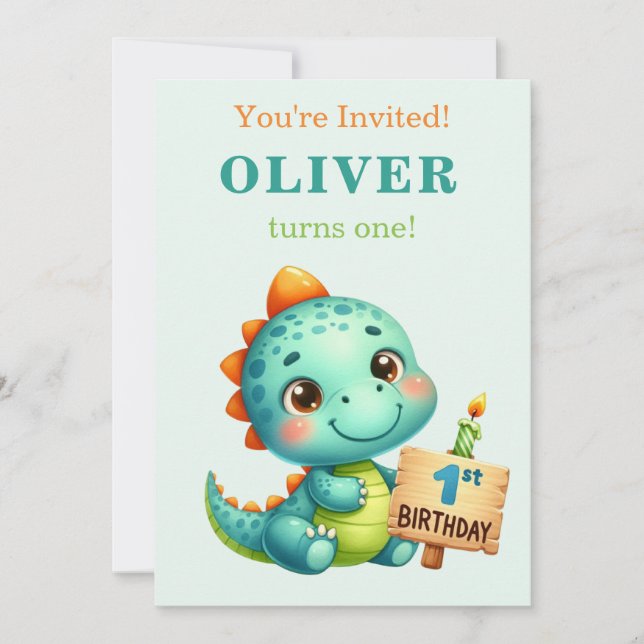 Convite de 1º Aniversário do Dinossauro Fofo (Frente)