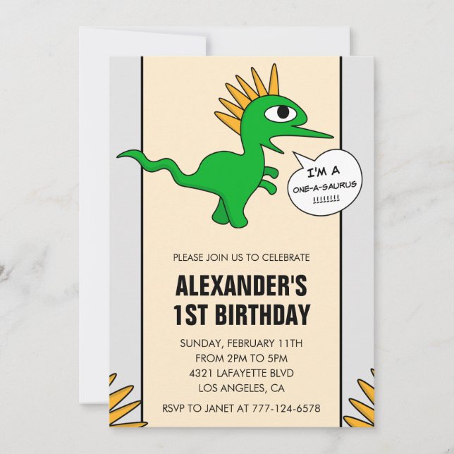 Convite de 1º aniversário do Dinossauro One-a-saur (Frente)