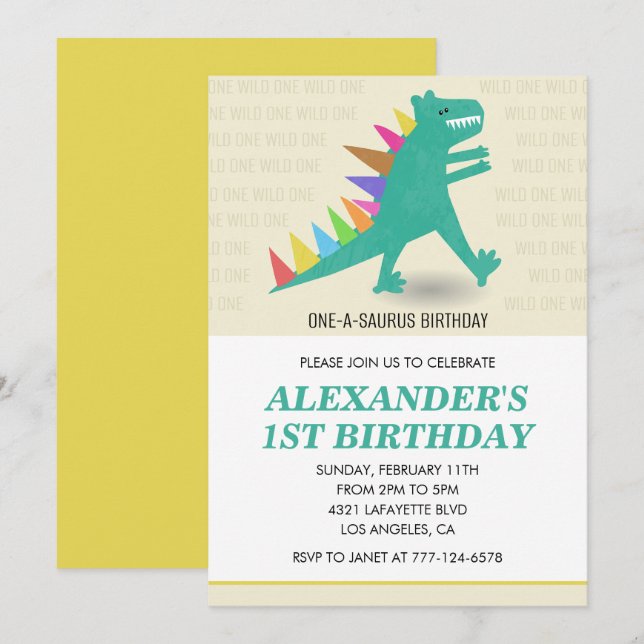 Convite de 1º aniversário do Dinossauro T-Rex Arco (Frente/Verso)
