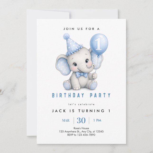 Convite de 1º Aniversário do Elefante Bebê (Frente)