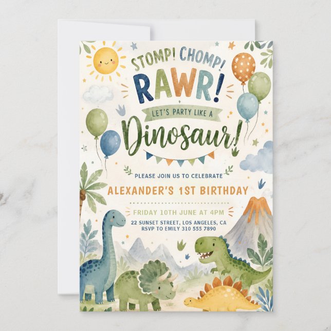 Convite de 1º Aniversário do Menino Dinossauro (Frente)