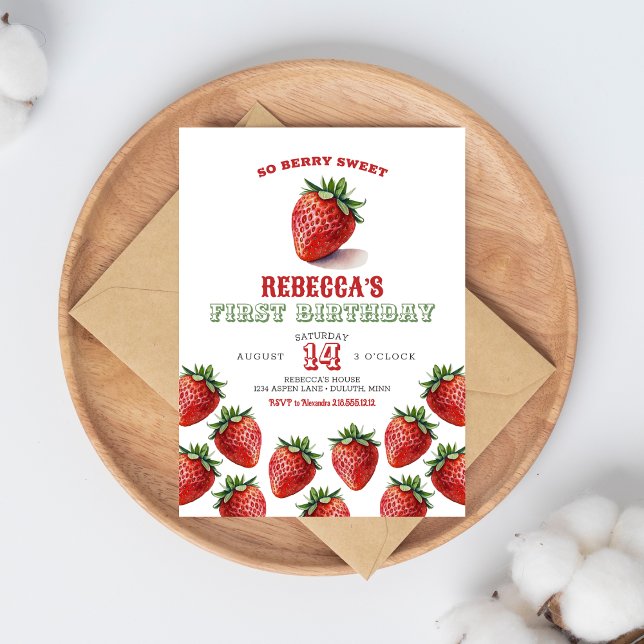 Convite de 1º Aniversário Doce Morango Vermelho (So Berry Sweet First Birthday Invitation)