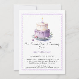 Convite de 1º aniversário em aquarela com bolo lil