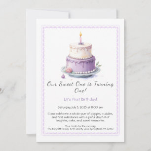 Convite de 1º aniversário em aquarela com bolo lil