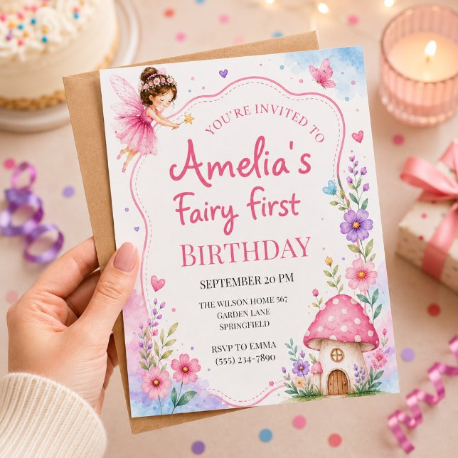Convite de 1º Aniversário Fada Princesa Floral Ros (Criador carregado)