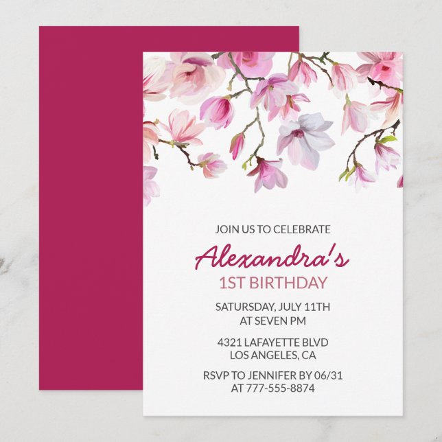 convite de 1º aniversário Floral Aquarela Simples (Frente/Verso)