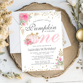 Convite de 1º Aniversário Floral de Abóbora Rosa F