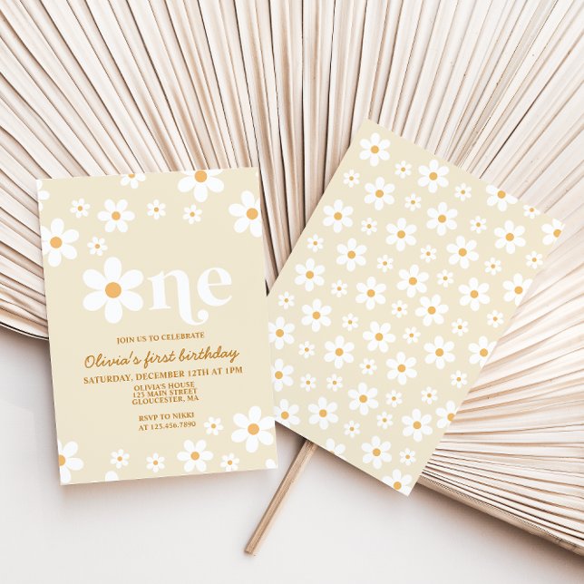 Convite de 1º Aniversário Floral Retro Daisy One (Criador carregado)