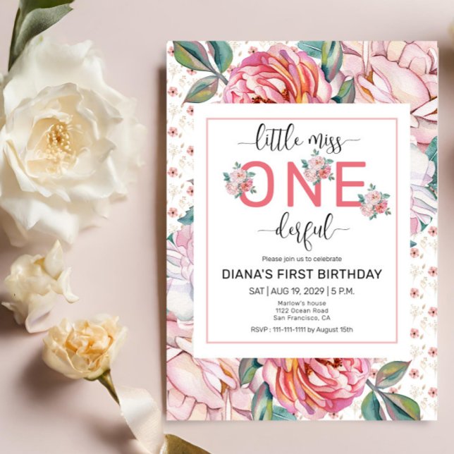 Convite de 1º Aniversário Floral Rosa (Criador carregado)