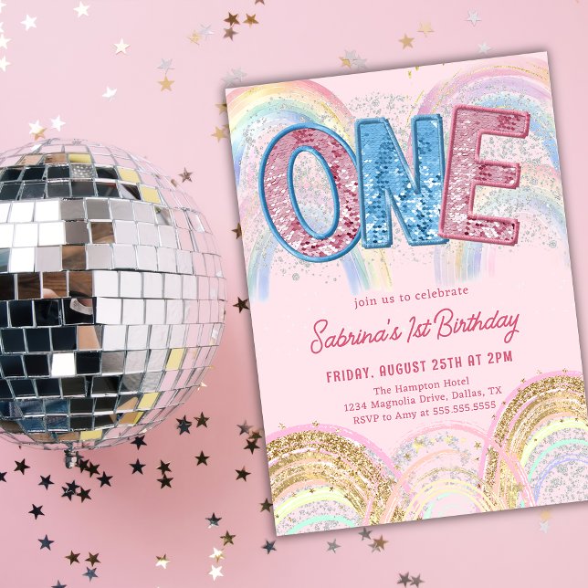 Convite de 1º Aniversário Glitter Sequin Arco-íris (Criador carregado)