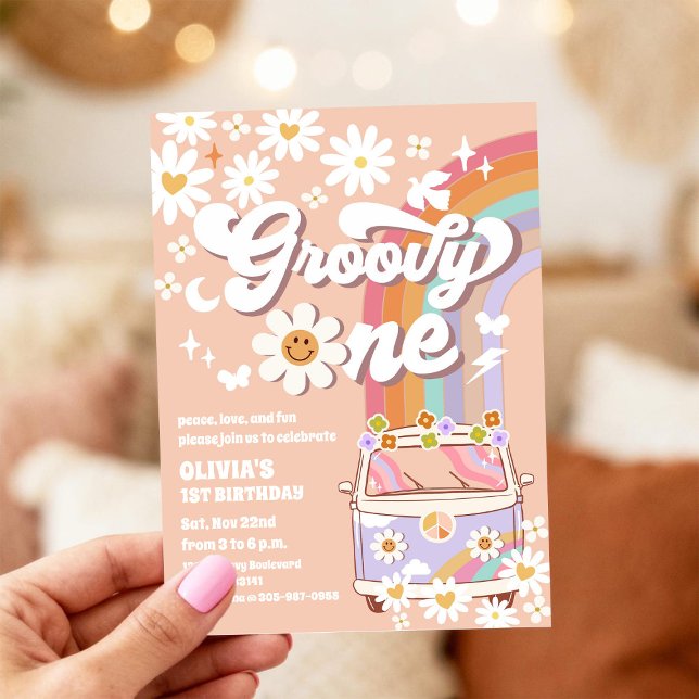 Convite de 1º Aniversário Groovy Daisy (Criador carregado)