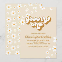 Convite de 1º Aniversário Groovy One Retro Daisy