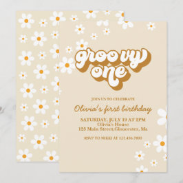 Convite de 1º Aniversário Groovy One Retro Daisy