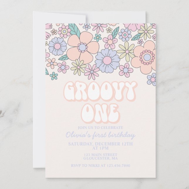 Convite de 1º aniversário Groovy One Retro Floral (Frente)