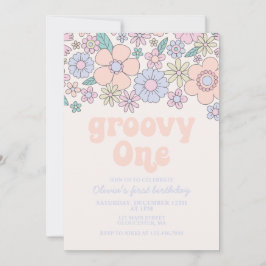 Convite de 1º Aniversário Groovy One Retro Floral