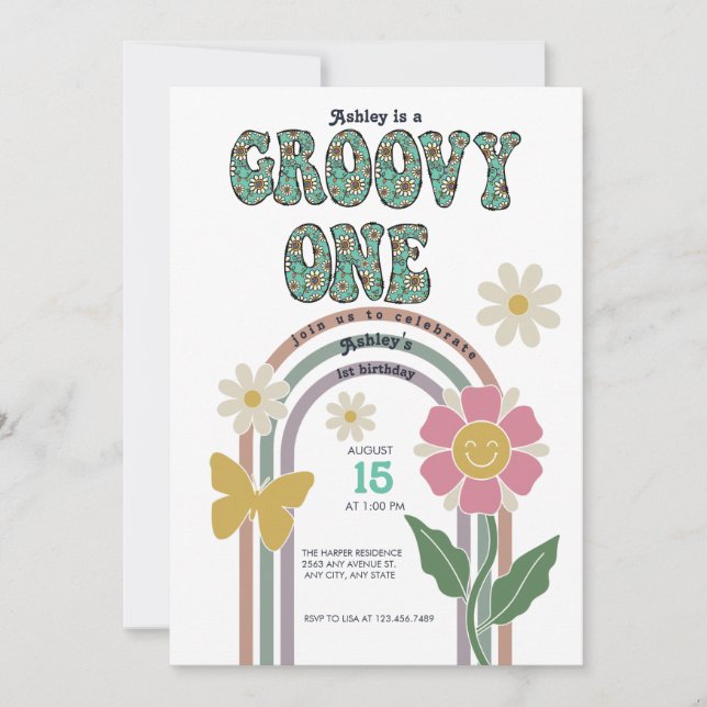Convite de 1º aniversário Groovy Rainbow (Frente)
