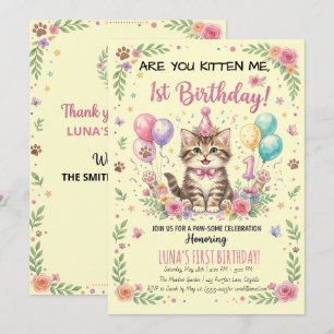 Convite de 1º Aniversário, Kitty Menina Floral Cre