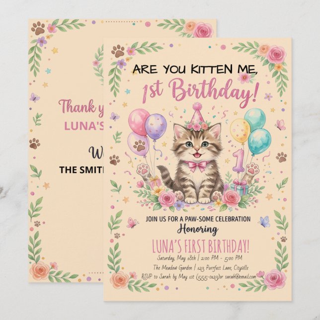 Convite de 1º Aniversário, Kitty Menina Floral Ros (Frente/Verso)