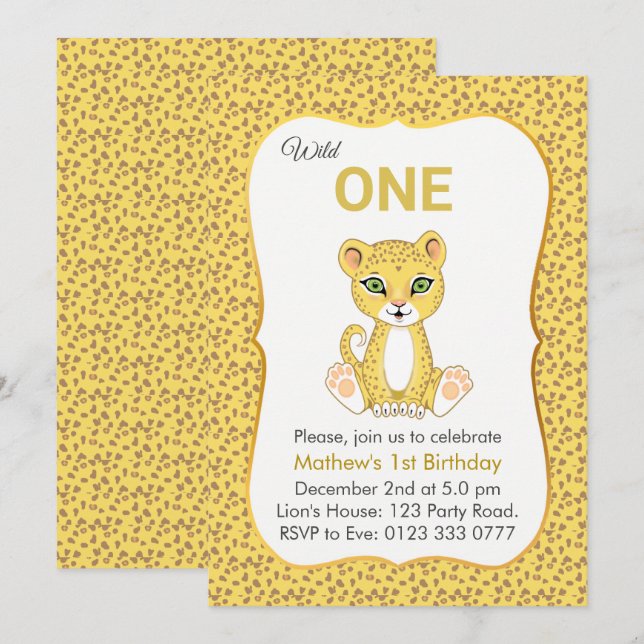 Convite de 1º Aniversário Leopardo Fofinho Selvage (Frente/Verso)