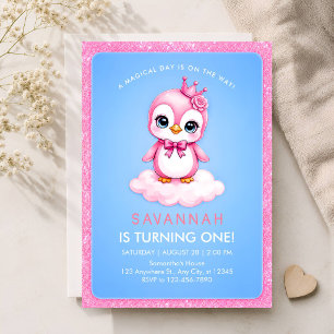 Convite de 1º Aniversário Menina Pinguim Princesa