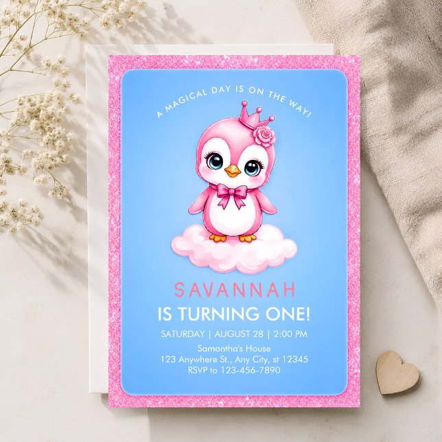 Convite de 1º Aniversário Menina Pinguim Princesa (Criador carregado)
