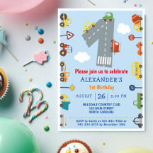 Convite de 1º Aniversário Menino Carros & Caminhõe