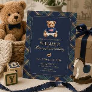 Convite de 1º Aniversário Menino Urso Xadrez Azul