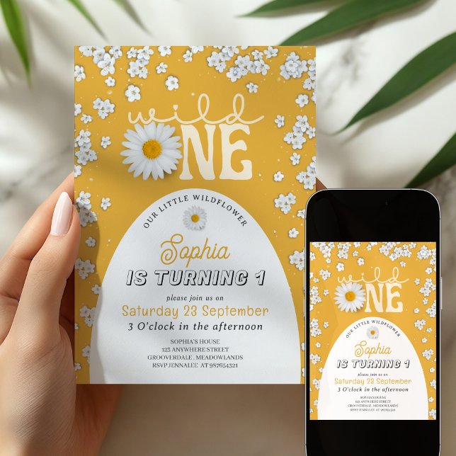 Convite de 1º Aniversário Mostarda Wild One Daisy (Criador carregado)