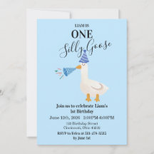 Convite de 1º Aniversário One Silly Goose Azul