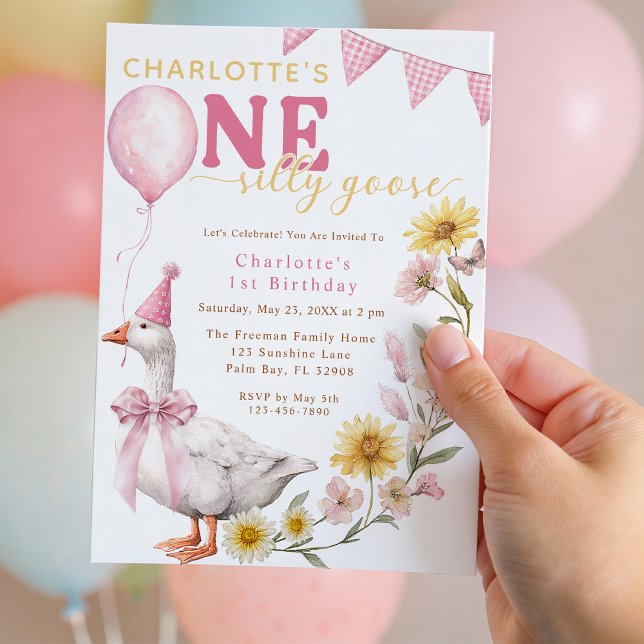 Convite de 1º Aniversário One Silly Goose Laço Ros (One Silly Goose 1st Birthday Invitation)