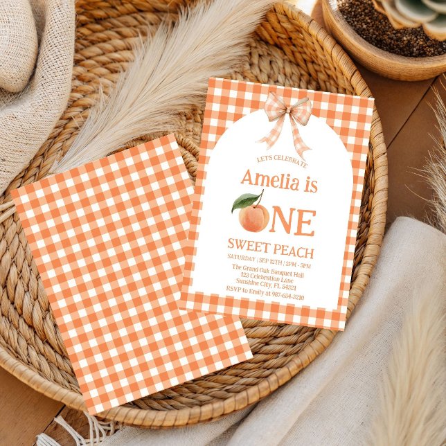 Convite de 1º aniversário One Sweet Gingham Peach (Criador carregado)