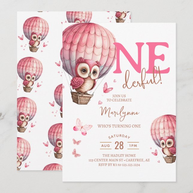 Convite de 1º Aniversário Onederful Rosa Boho (Frente/Verso)