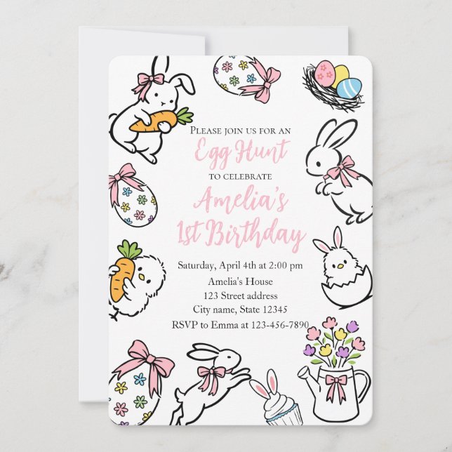 Convite de 1º Aniversário Personalizado Coelho Pás (Frente)