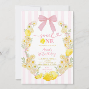 Convite de 1º Aniversário Pink Bow Floral Lemon Sw