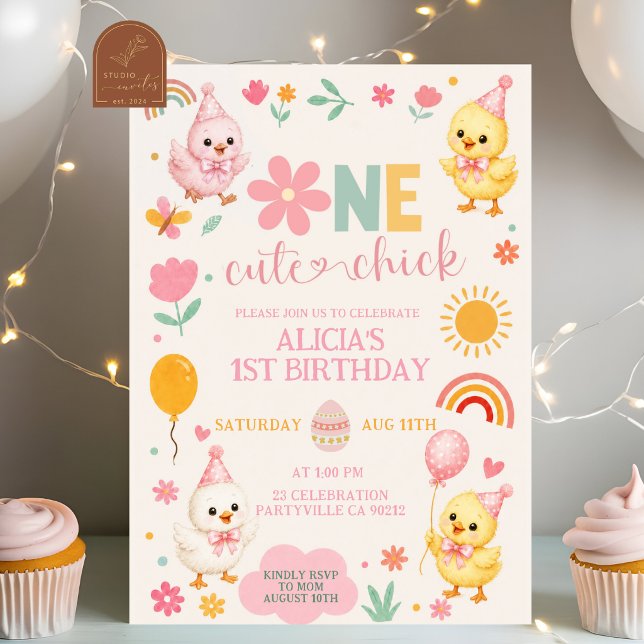Convite de 1º Aniversário Pink One Cute Chick (Criador carregado)