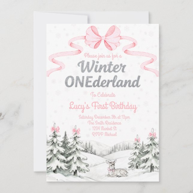 Convite de 1º aniversário Pink Winter Onederland (Frente)