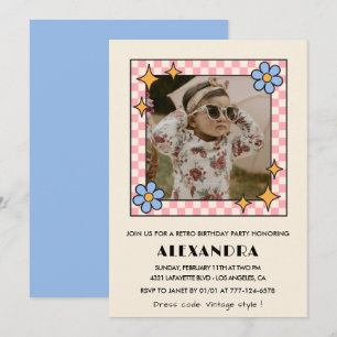 convite de 1º aniversário Retro Groovy Floral Azul