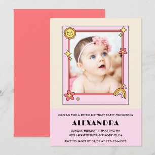 convite de 1º aniversário Retro Groovy Floral Rosa