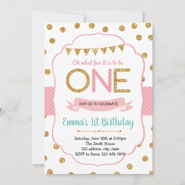 Convite de 1º Aniversário Rosa Bolinha e Dourado (Frente)