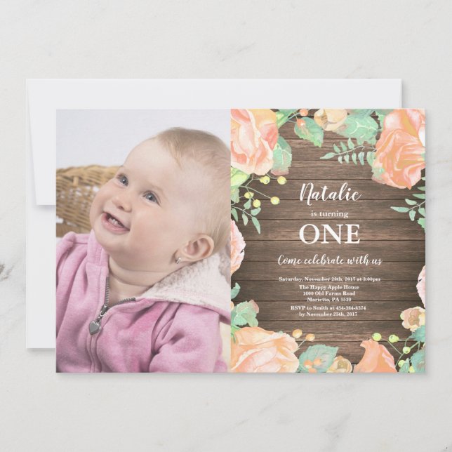 Convite de 1º Aniversário Rustic First com Floral  (Frente)