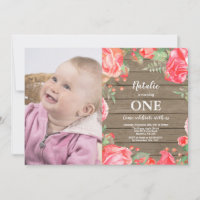 Convite de 1º Aniversário Rustic First Floral Verm