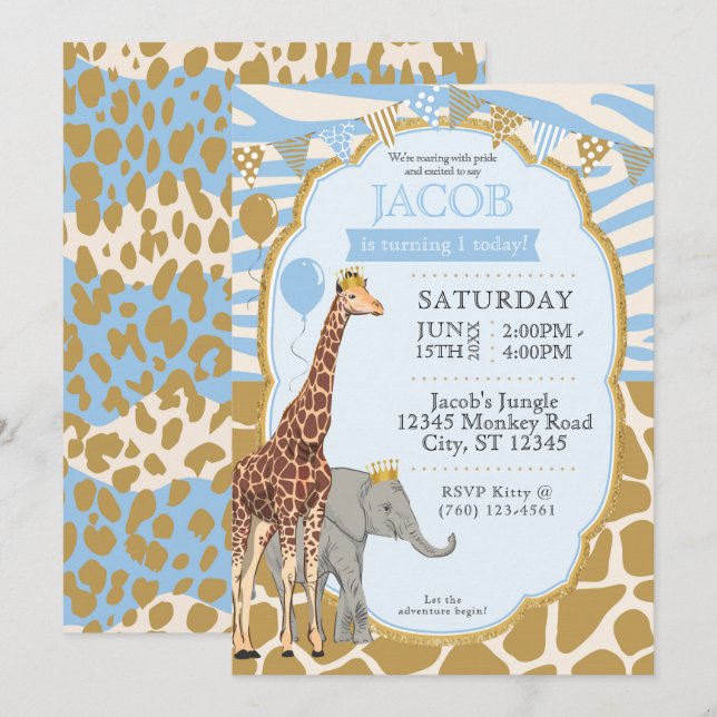 Convite de 1º Aniversário Safari Infantil (azul)) (Frente/Verso)
