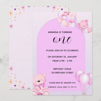 Convite de 1º Aniversário Urso de Pelúcia Rosa Rox