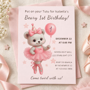 Convite de 1º Aniversário Urso Teddy Bailarina Ros