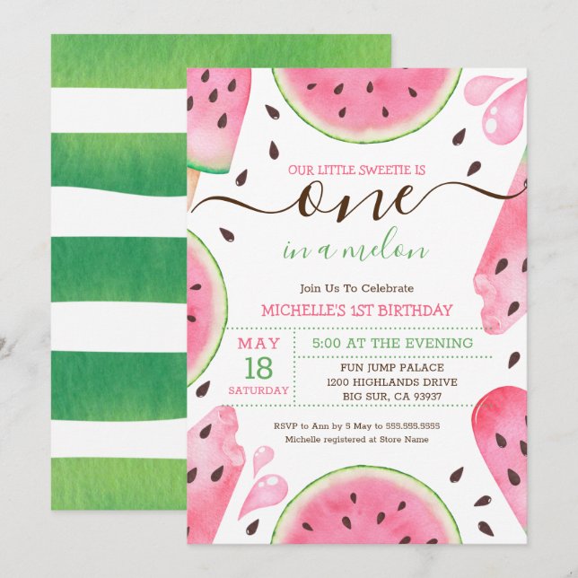 Convite de 1º Aniversário Watermelon One In A Melo (Frente/Verso)