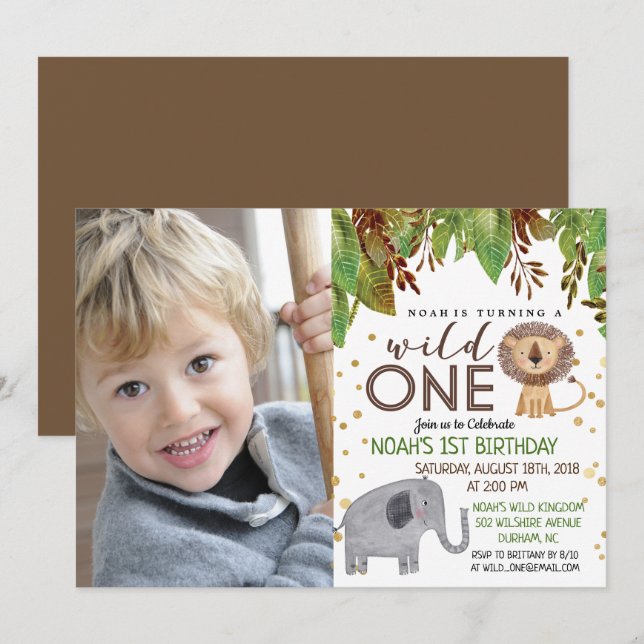 Convite de 1º Aniversário WILD ONE Jungle Boy (Frente/Verso)