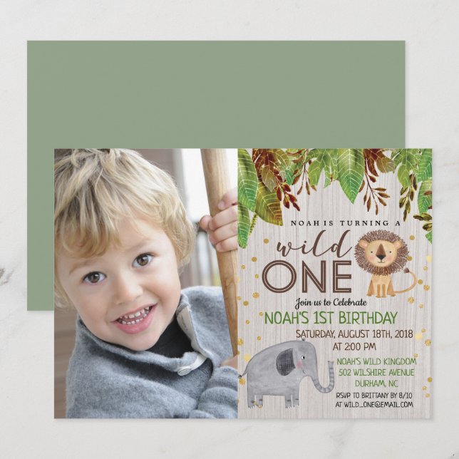 Convite de 1º Aniversário WILD ONE Jungle Boy (Frente/Verso)