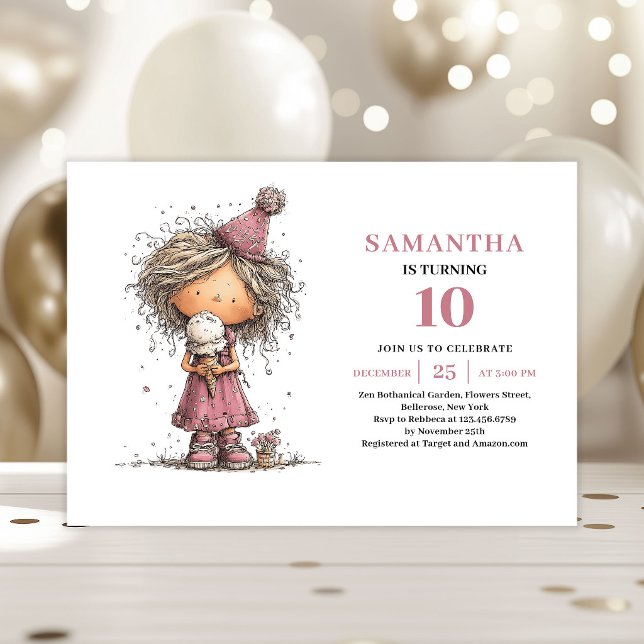 Convite de 10º Aniversário de Menina Pequena Capri (Whimsical Toddler Girl 10th Birthday Invite Pink)