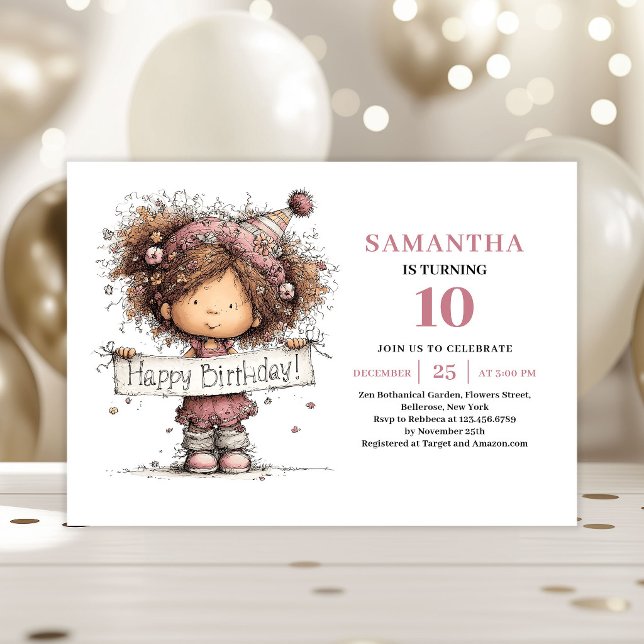 Convite de 10º Aniversário Menina Fofa Rosa (Cute Toddler Girl 10th Birthday Invite Pink)