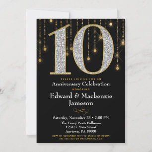 Convite de 10º Aniversário Preto Dourado Diamantes